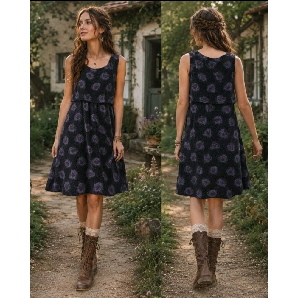 Vintage April Cornell Corduroy A-line Layered Dress M Floral Print Cottagecore